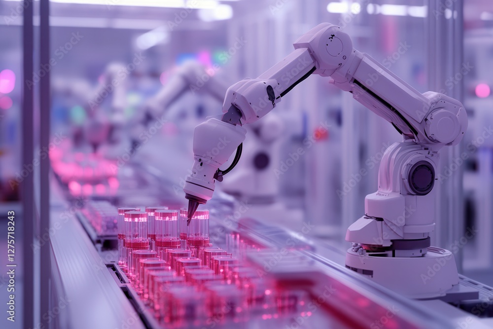 Poster a futuristic factory using robotic arms and ai to produce goods efficiently. a futuristic laboratory