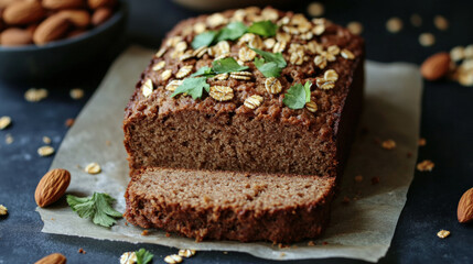 delicious loaf of flour less bread topped with nuts and oats, showcasing moist texture and healthy ingredients. Perfect for nutritious snack or breakfast option