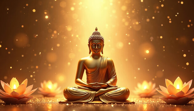 Golden Buddha statue sitting lotus position with lights bokeh. Lotus flower candles burning. Celebration of Mahavir Jayanti background poster event. Peace, spirituality and meditation.