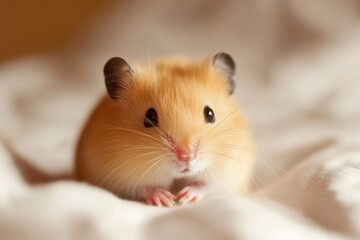 A fluffy golden hamster sitting on wood shavings, looking directly at the camera with cute black eyes