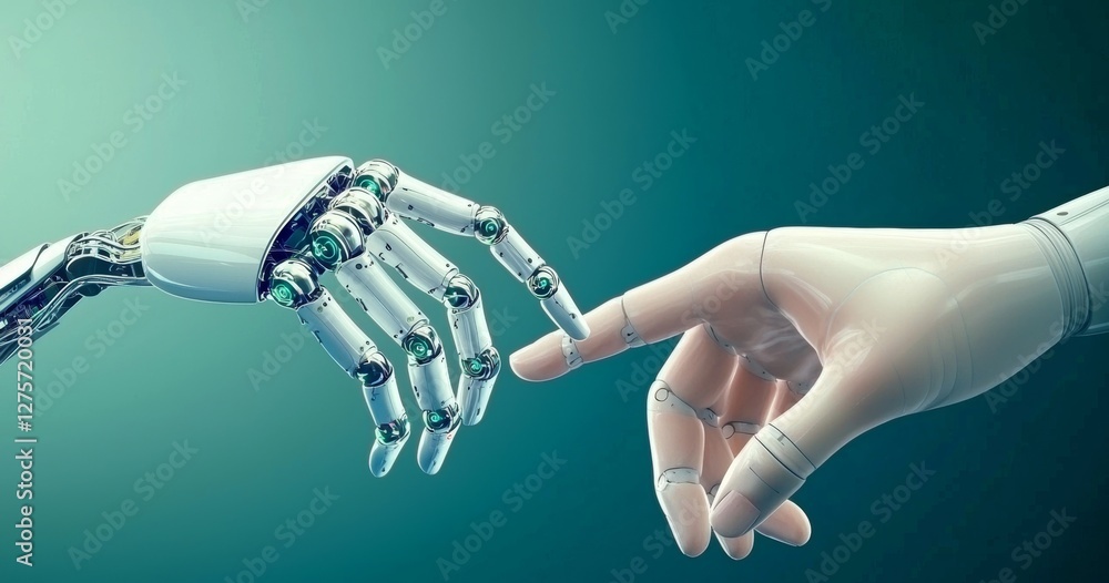 Poster a big data network serves as the backdrop for the poignant image of a human hand and a robot's hand 
