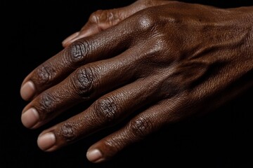 Fototapeta premium A close-up shot of a young African-American male's fingers emphasizes the detailed texture of human skin, illustrating concepts of skincare, bodycare, healthcare, hygiene, and medicine, while also