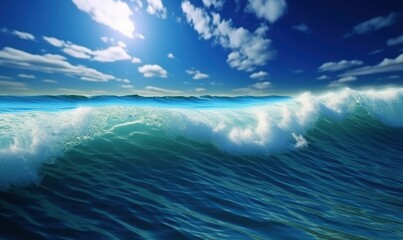 Fototapeta premium Ocean wave crashing under blue sky with scattered clouds, for travel, relaxation concepts