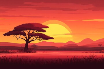 Obraz premium African savanna sunset landscape illustration (3)