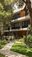 Fototapeta premium Modern Residential Building with Balconies Amidst Lush Greenery, Architecture, Nature Harmony