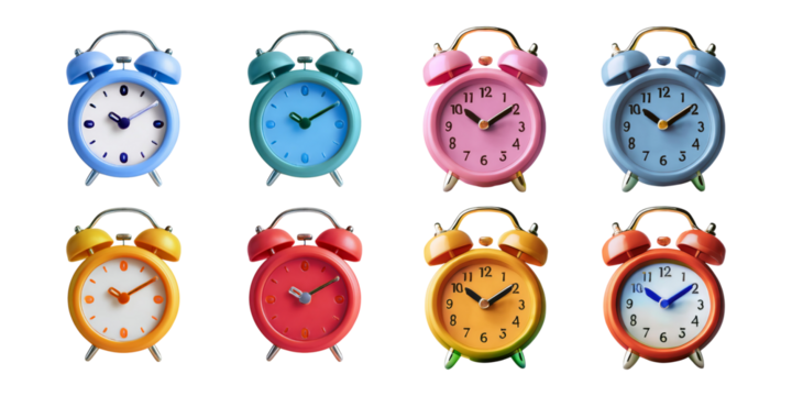 Colorful Alarm Clocks Arrangement in Various Styles and Colors, isolated on transparent background