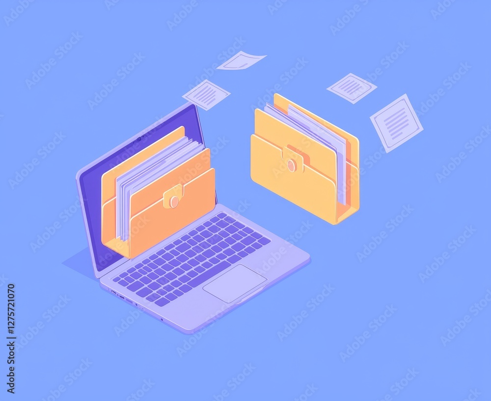 Aufkleber two laptops with folders and documents on screen, illustrating isometric file transfer in modern fla