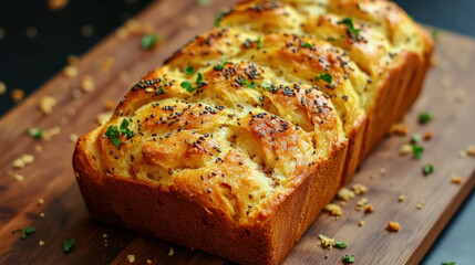 freshly baked loaf of keto bread with golden crust, topped with herbs and seeds, resting on wooden cutting board. texture is inviting and perfect for healthy meal
