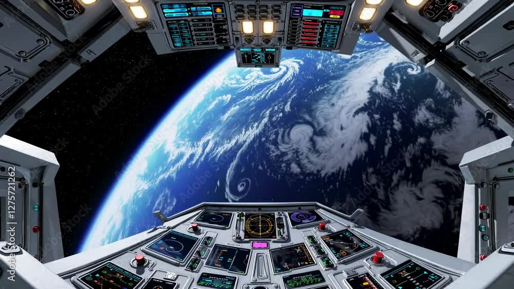 Poster futuristic spaceship cockpit view of earth from space. high-angle shot captures detailed control pan