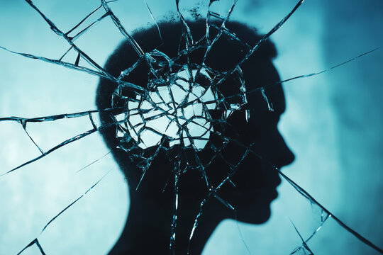 A human silhouette with a fractured glass effect, symbolizing the mind&rsquo;s struggle with schizophrenia, with copy space. Soft moody lighting. 