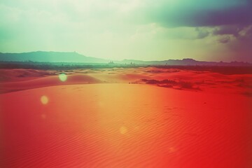 Red sand dune landscape, sunset, Vietnam, travel poster