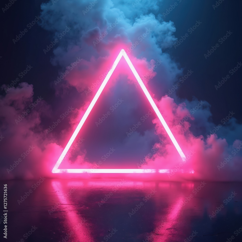 Poster Neon triangle portal emits vibrant pink glow in dark smoky atmosphere. Futuristic geometric shape with reflection on wet floor. Abstract background, copy space for text.