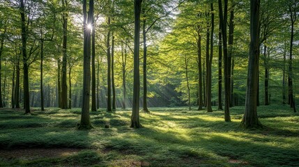 Obraz premium Serene Forest Landscape with Sunlight Streaming Through Trees