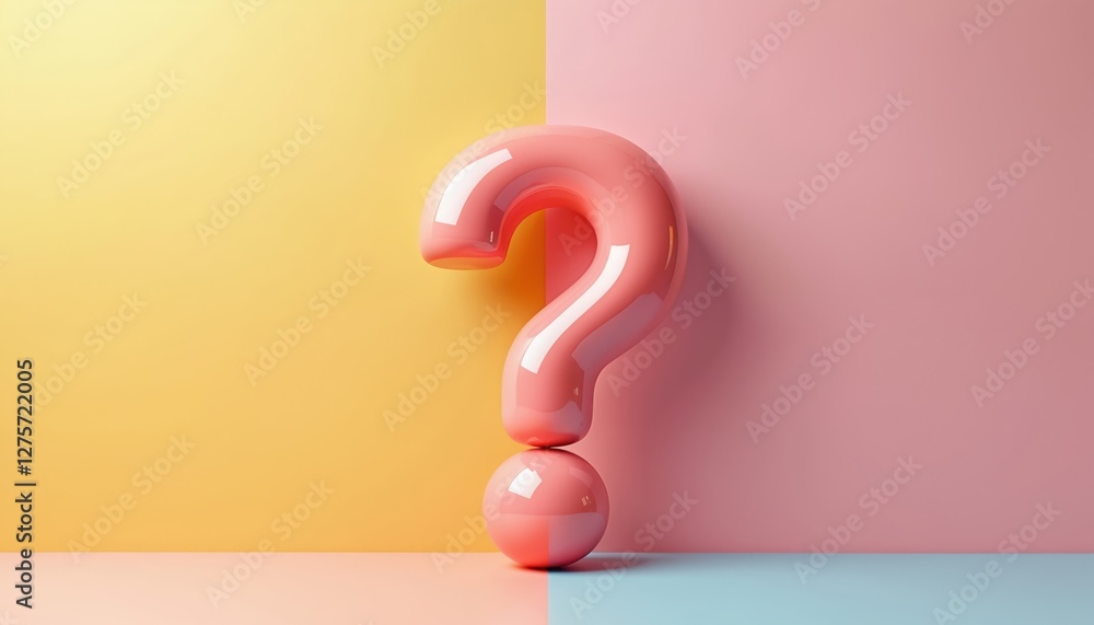 Poster Pastel colors studio shot of pink question mark symbol. Conceptual creative minimal design with copy space. Modern graphic element on vibrant background. Symbol of searching for the answer.