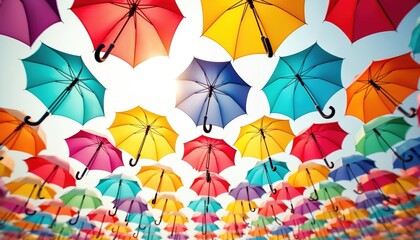 Brilliantly hued umbrellas unfurl, float in mid-air. Vibrant saturated colors pop against crisp white backdrop. Portable vivid art objects for fun festive mood.