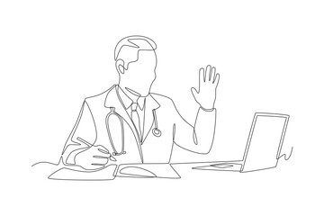 Doctor is consulting with patient via video call. Virtual consultation with doctors over video call concept one-line drawing