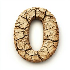 Number 0 made of cracked dry earth with deep fissures isolated on a clean white background