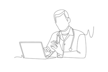 Doctor is consulting with patient via video call. Virtual consultation with doctors over video call concept one-line drawing