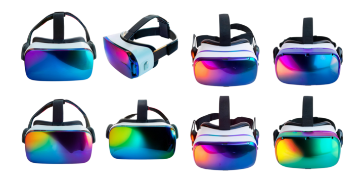 Varied Collection of Colorful Virtual Reality Headsets Displayed Together, holographic of Iridescent Kawaii 3D, Isolated on Transparent background