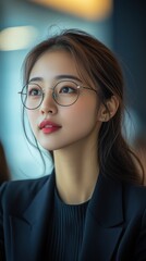 Fototapeta premium Young woman wearing glasses sitting in a modern indoor setting while engaging in thoughtful contemplation during daytime hours