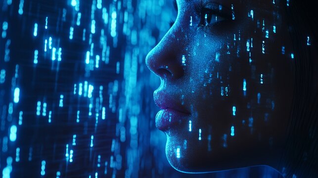 Blue digital binary data, concept technology, AI, cybersecurity