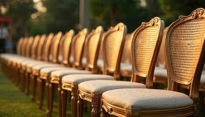 Elegant ornate wooden chairs arranged in rows on lawn for outdoor event, wedding ceremony, or garden party. Formal gathering venue with classic decor, furniture setup.
