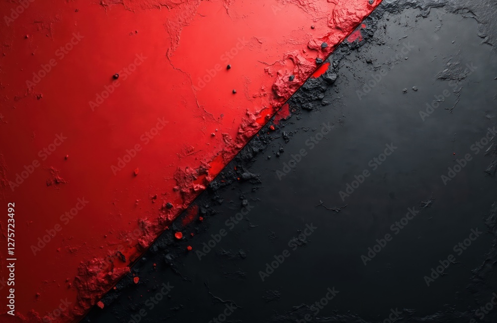 Poster abstract rough background split diagonally. red and black grungy surface. bold graphic design elemen
