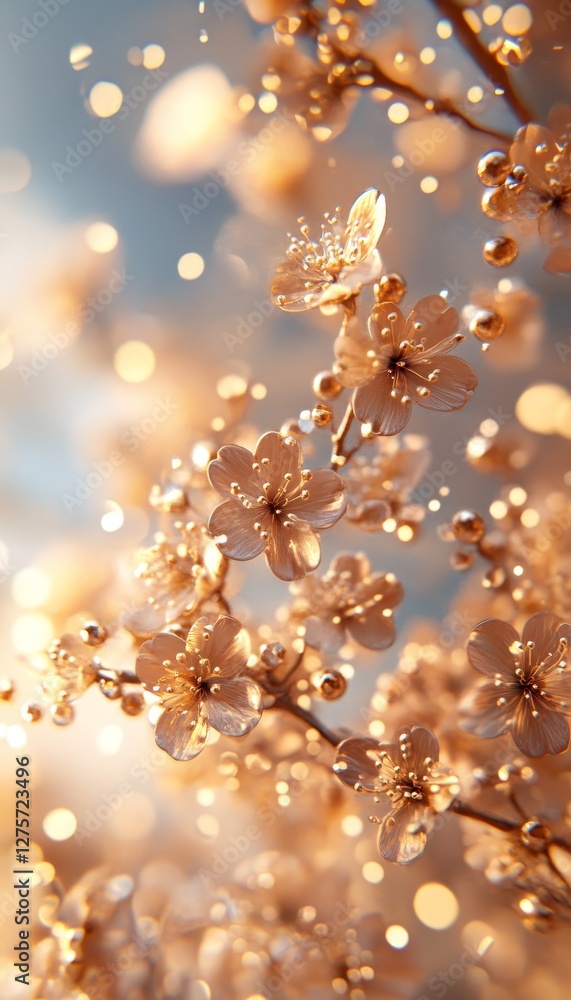 Poster sparkling golden bokeh gentle floral spring background with abstract sunlight and copy space