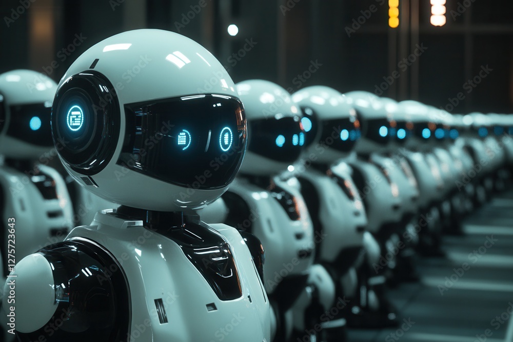 Poster a futuristic economic model represented by a group of ai-powered bots analyzing global market trends