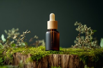 Amber serum bottle on mossy wood, dark background, nature backdrop, skincare product