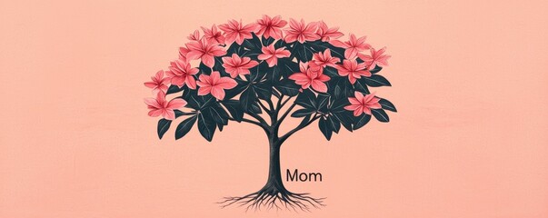 Mother's Day concept. A beautifully designed tree with pink flowers and the word "Mom" at its base, symbolizing love and family.