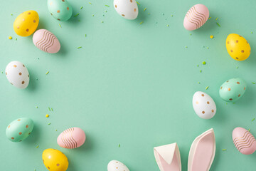 Festive arrangement of colorful Easter eggs with polka dots and stripes, featuring bunny ears