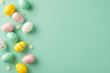 Decorated Easter eggs arranged on a green background with small flowers and empty area