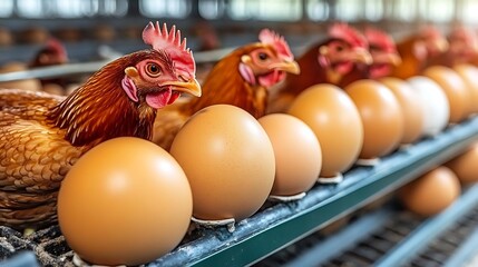 Hens laying eggs in farm coop