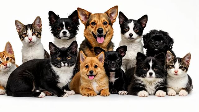 A Gathering of Companions: A delightful assemblage of various cats and dogs, embodying the essence of domestic companionship and the diverse beauty within the animal kingdom.