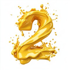 Number 2 made of swirling splashes of glossy yellow chocolate isolated on a clean white background