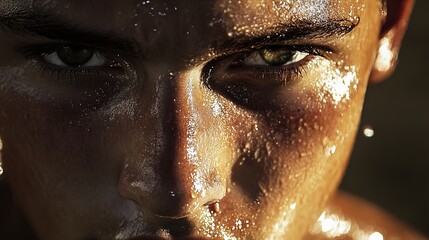 Close-Up Portrait of a Young Man with Water Droplets on Face and Intense Gaze, Capturing Raw Emotion and Natural Beauty in Sunlight