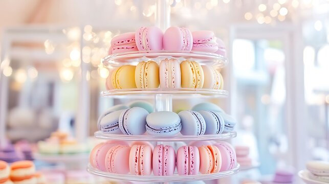 Pastel macarons on a tiered stand