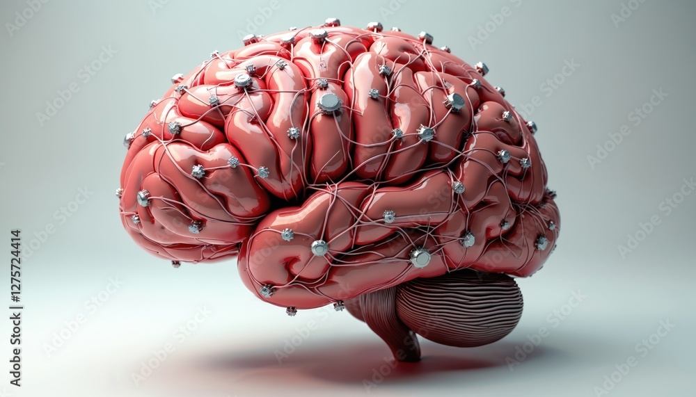 Poster Detailed human brain model with wires, components attached. Neurological network structure on white background. Brain activity, neural connections, mind research, neuroscience, tech concepts.