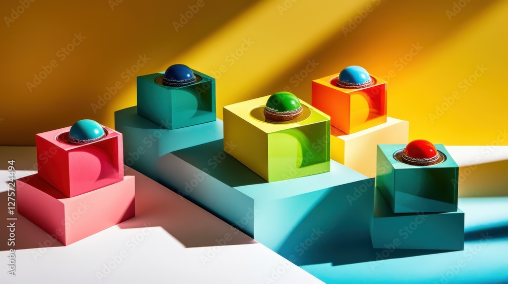 Poster colorful geometric display of dessert cups on vibrant blocks with dynamic shadows and bright backgro