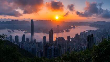 Fototapeta premium Hong Kong Skyline Sunrise Cityscape