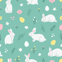 Easter cute seamless pattern with cute white rabbits and Easter eggs. Vector illustration.	