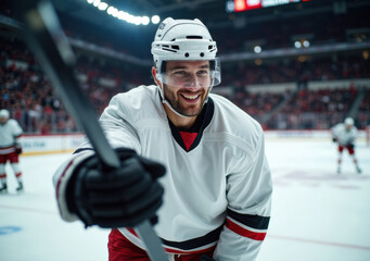 Smiling ice hockey player during a game at the arena in winter