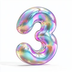 Number 3 made of floating iridescent soap bubbles with soft rainbow reflections isolated on a clean white background