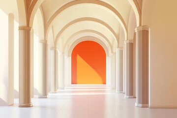 Sunlit arched hallway, orange wall, classical columns, interior design
