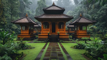 Fototapeta premium A serene mosque porch in Indonesia with intricate wood carvings, elegant patterns, and lush greenery, creating a peaceful garden retreat.