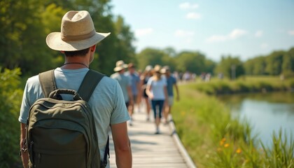 Man in hat backpack walks boardwalk trail scenic area tourists. Rich green plants clear sky, holiday maker enjoying nature relax, leisure sunny day. Trekking landscape view journey.