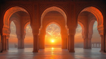 A splendid mosque porch in Lebanon with marble columns, calligraphy-adorned arches, and lanterns casting a warm, soft glow.