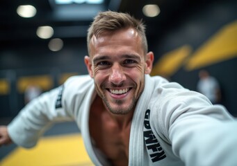 Smiling martial artist enjoys training in Brazilian jiu-jitsu gym