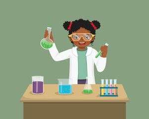 little African girl scientist with safety goggles holding chemical liquid in flasks doing science project chemistry experiment in the laboratory